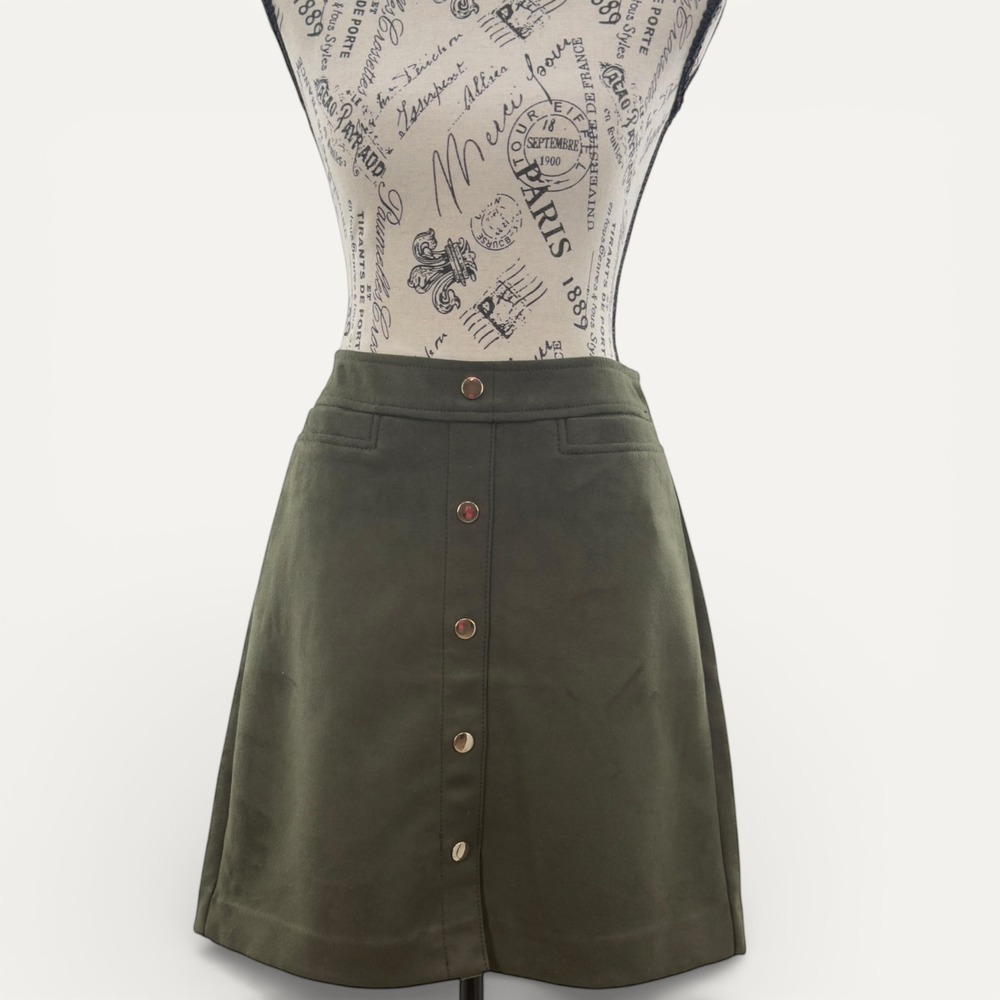 LOFT 6 Olive Faux Suede Mini Skirt Button Front Stretch NWT Mod Retro Chic